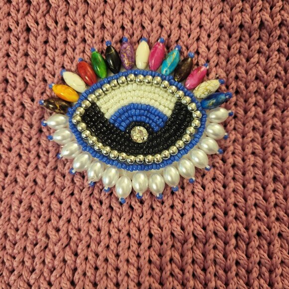 ISLAND BLISS HANDMADE IN GREECE CROCHET PINK EVIL EYE PURSE Clutch With Tassel - Picture 6 of 7